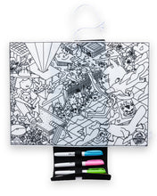 Load image into Gallery viewer, Coloring mat with black and white illustration of Mona and markers on a white background